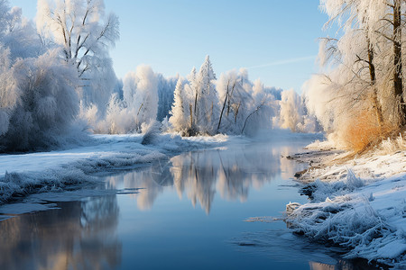 冬日的河畔森林雪地高清图片