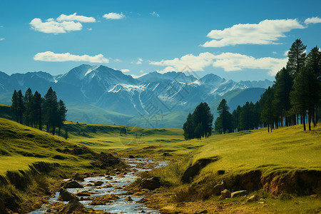 涓涓细流穿越山谷背景