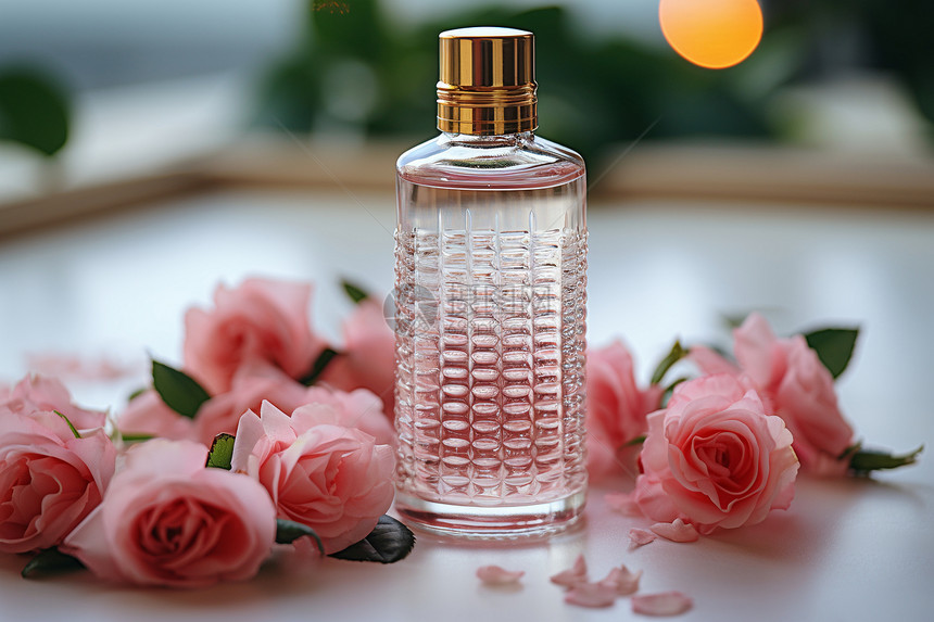 粉色玫瑰瓶中的香水图片
