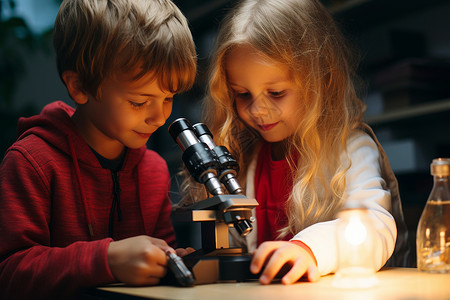 两个小孩在看显微镜背景图片