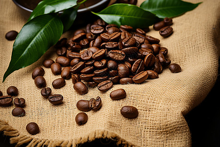 咖啡豆布袋包装布袋上的咖啡豆背景