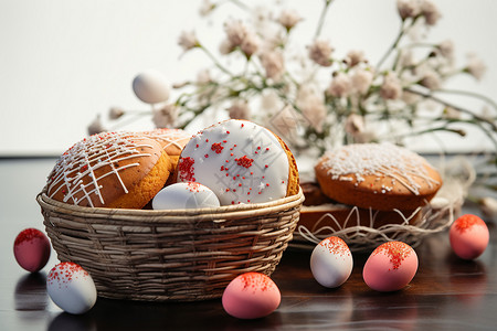甜美的甜品和复活节的彩蛋背景图片
