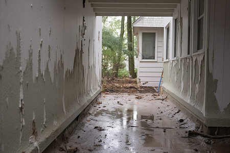 湿漉漉的雨天工地上的破旧墙面背景