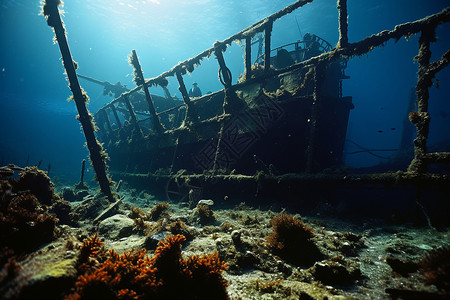 海底破旧的船体背景图片