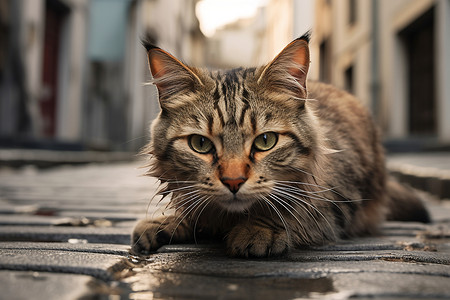 街道上躺卧的小猫咪背景图片