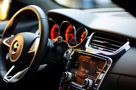 汽车位促销汽车内的仪表盘和方向盘背景