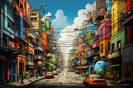 3D色彩迷幻色彩下的城市之旅插画