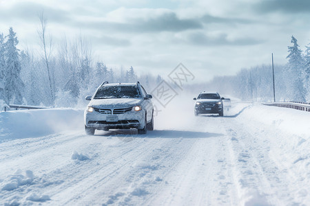 车行人稀的雪地公路高清图片