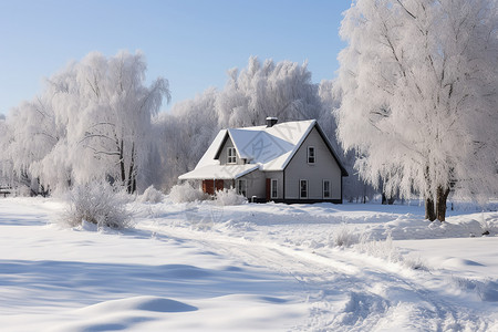 冰雪覆盖的乡村小屋背景图片