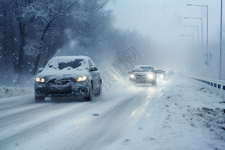 白雪皑皑道理上行驶的汽车高清图片