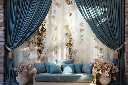 蓝色格调的室内家居窗帘背景图片