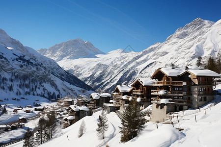 冬季小镇冰天雪地中的雪山小镇背景