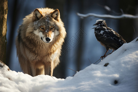 寒冬森林中的狼和乌鸦背景图片