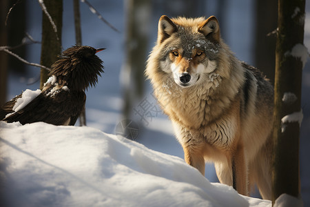 狼之子雨与雪狼与鸟在雪地中背景