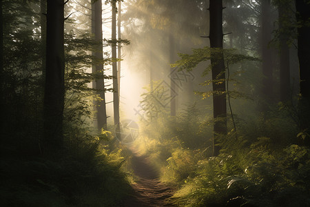 清晨迷雾晨曦中的森林路径背景