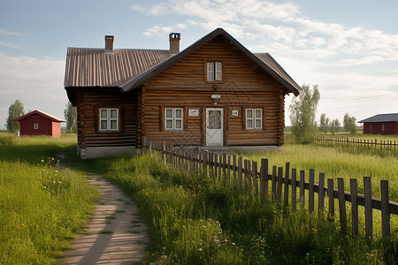 田园风格的草原木屋建筑背景图片