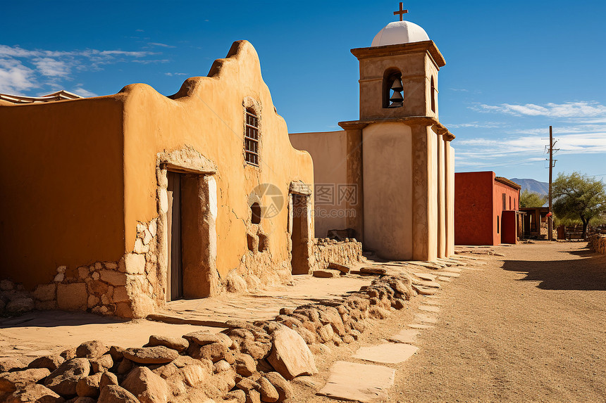 沙漠中一座带钟楼的小教堂图片