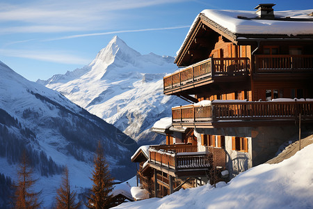 冬日雪山与小屋背景图片