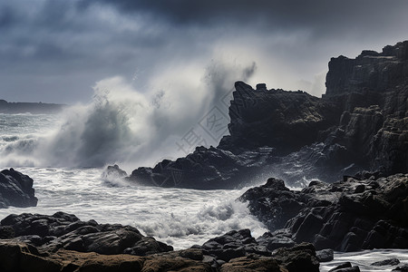 巨浪撞击海边岩石背景图片