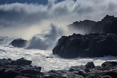 暴风雨海浪巨浪撞击岩石背景