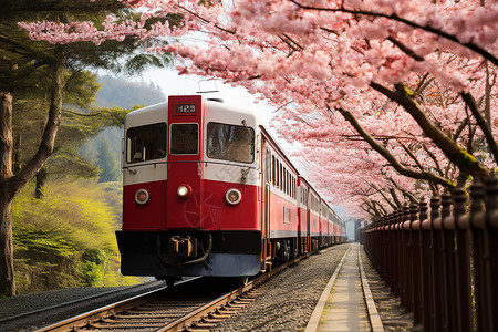 春季山谷中行驶的火车列车背景图片