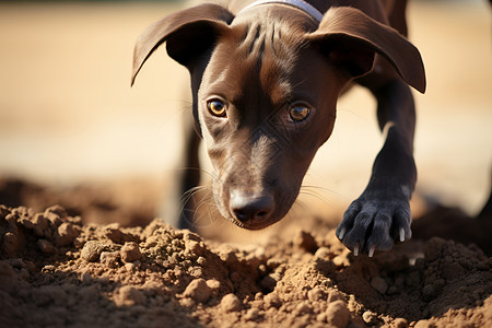 淘气温和狗狗户外挖掘沙土的宠物狗狗背景