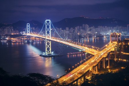 夜晚城市的大桥建筑背景图片