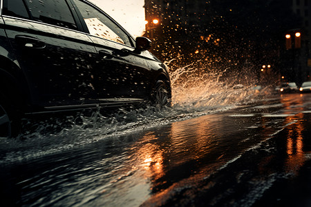 积跬步街道积水中行驶的汽车背景