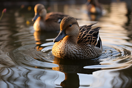 湖水上游动的鸭子背景图片