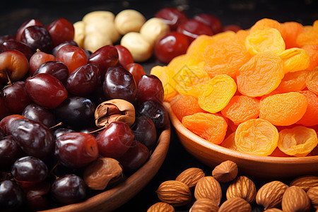 酸甜果脯干健康的杏仁和水果干背景