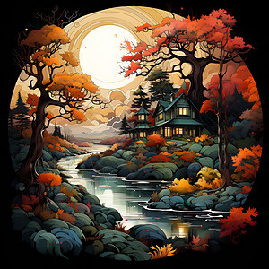 秋季森林中的房屋背景图片