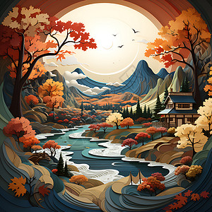 秋季的插画山水画背景图片