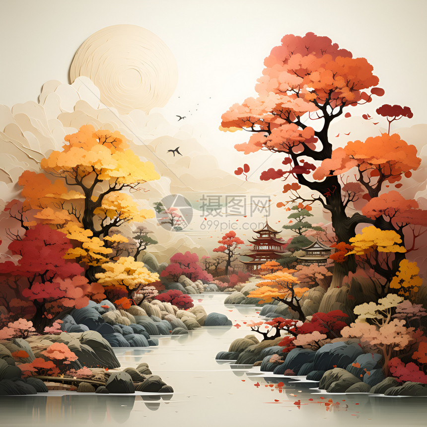 秋季树木旁的石头河流图片