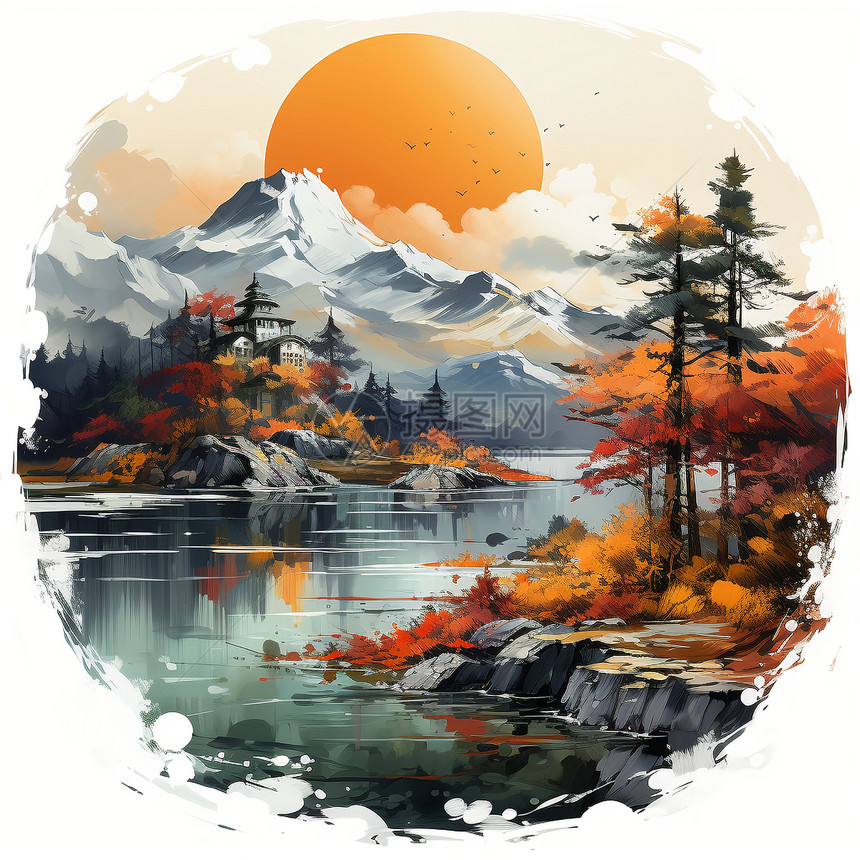 秋日的美丽山水画图片