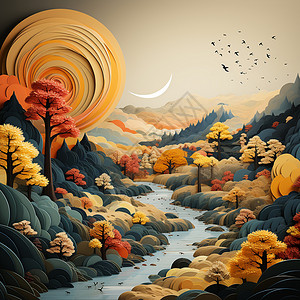 插画的绘画森林河流背景图片