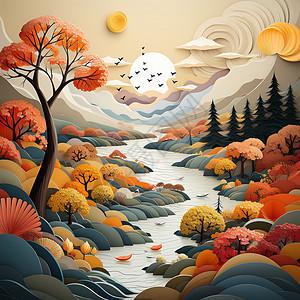 秋季的森林河流背景图片