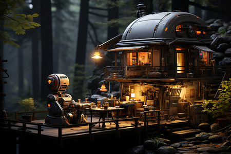 小木屋前的机器人背景图片