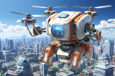 未来之城上的飞行机器人背景图片