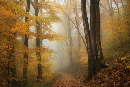 山林迷雾中的黄叶背景图片