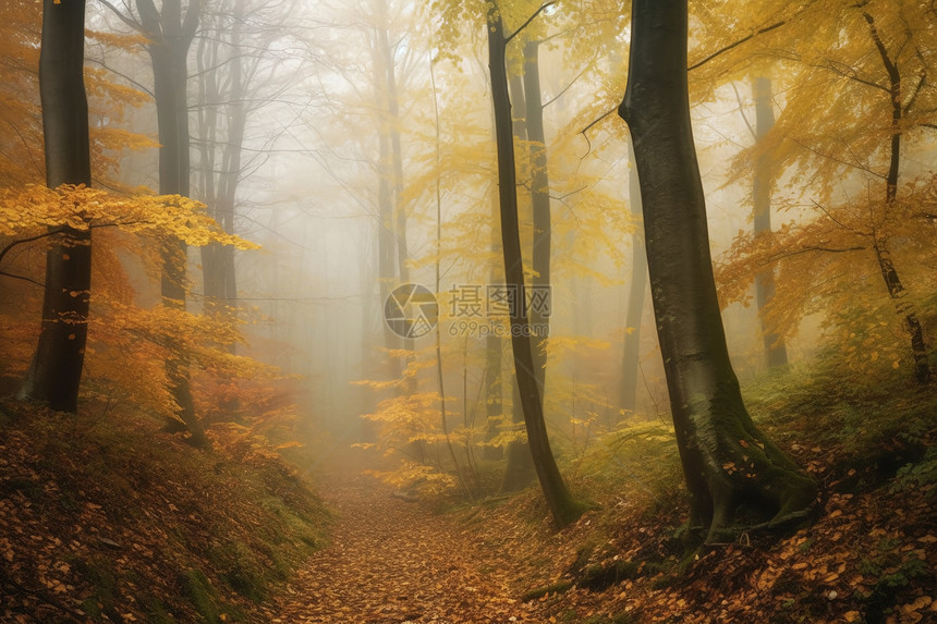森林里面金黄的树叶图片