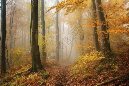 秋季森林中神秘的小路高清图片