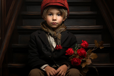 小男孩的红花背景图片