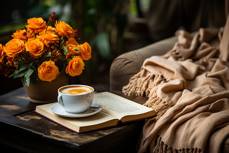 鲜花咖啡秋日的生活静物背景