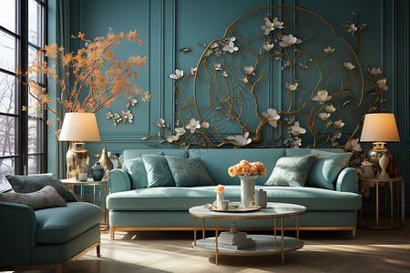 沙发后的花树装饰背景图片