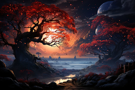 夕阳下的秋日山林背景图片