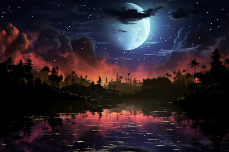 满月下的湖畔背景图片
