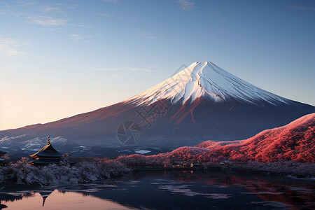 富士山下的红色树木背景图片