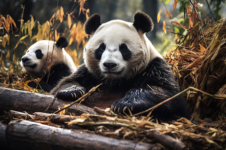 森林中的两只大熊猫背景图片