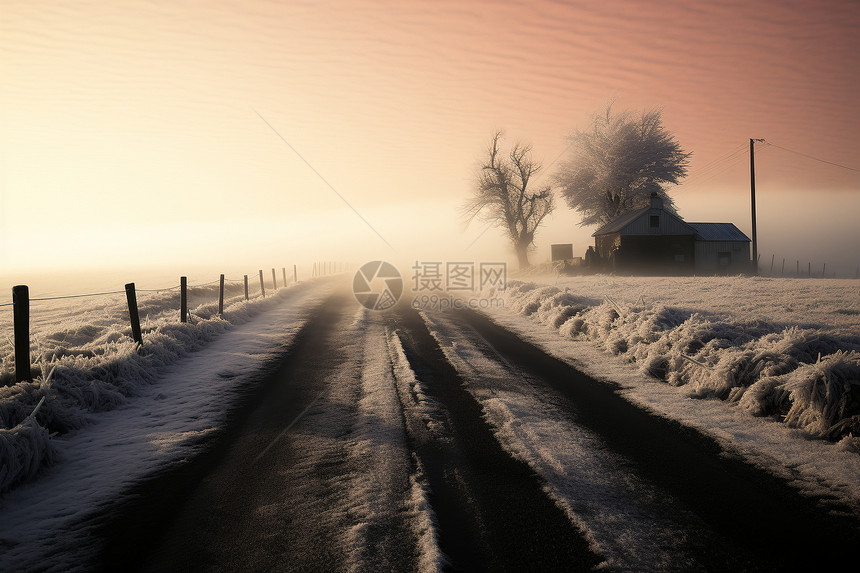朦胧的冬日乡间小路图片