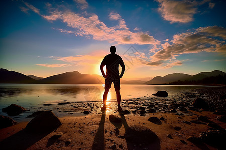 沙滩上的男人夕阳下一个男人站在海滩上背景